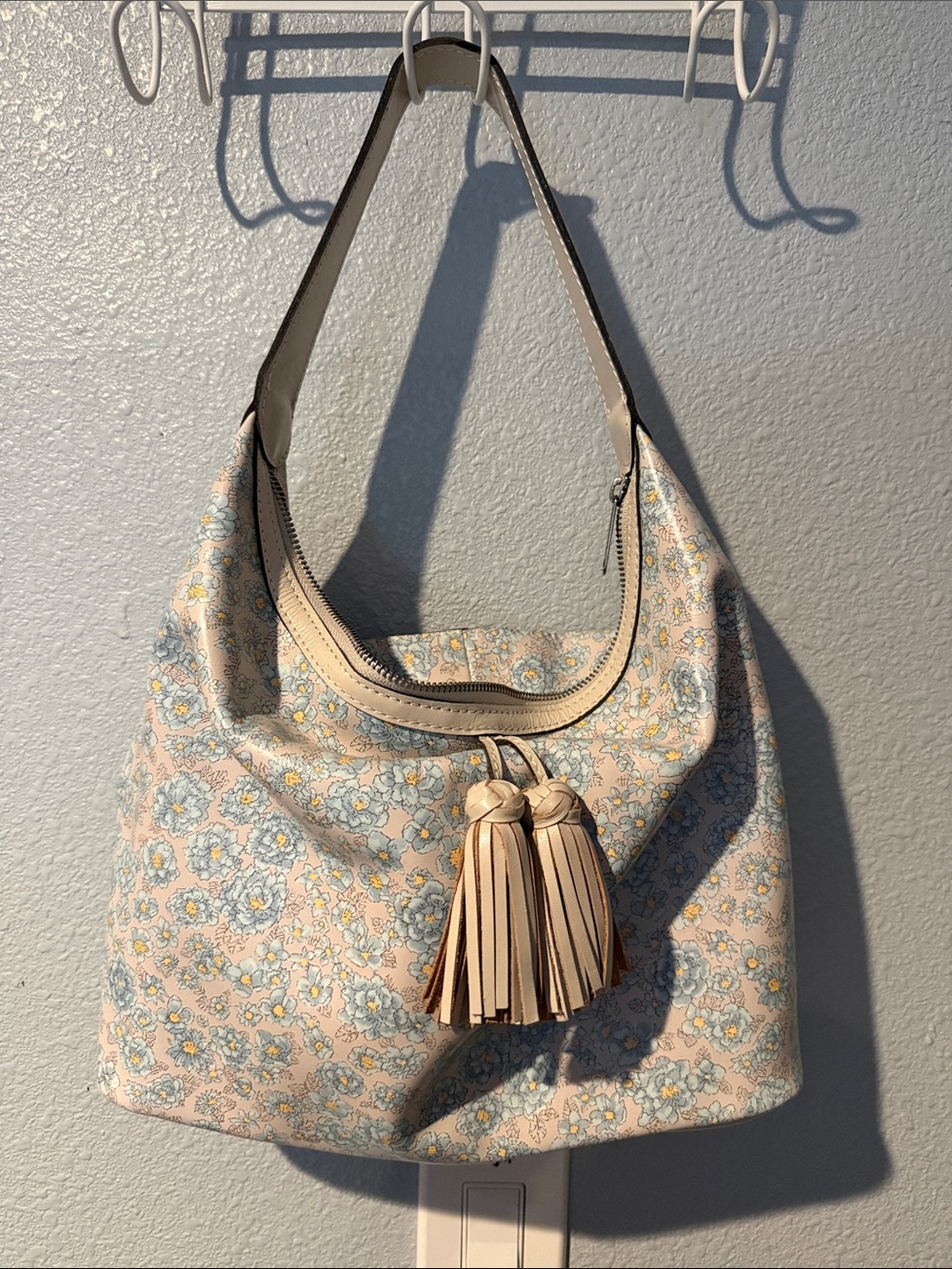 Patricia Nash Floral Tassel Hobo Shoulder Bag in Light Blue and Cream
